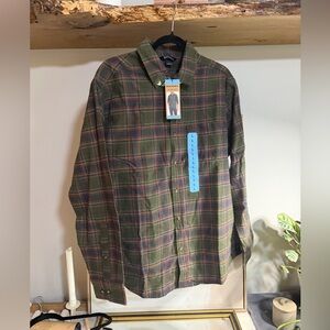 NWT Eddie Bauer Olive and Red Plaid Button Down Shirt